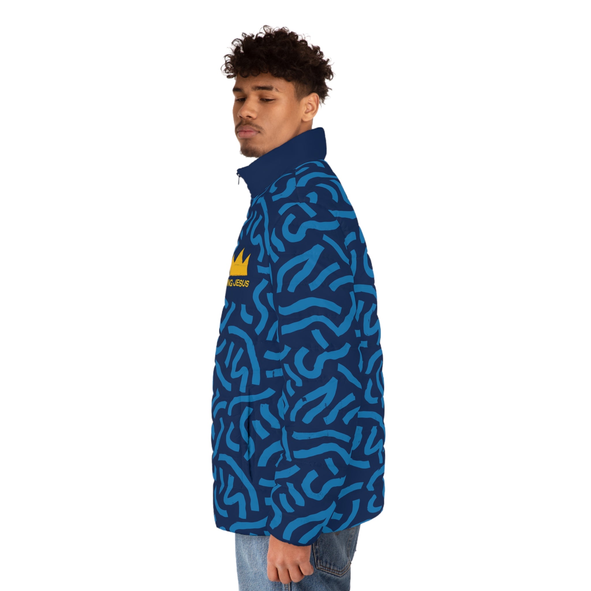 King Jesus Men’s Blue All‑Over Print Puffer Jacket