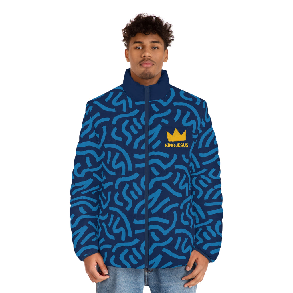 King Jesus Men’s Blue All‑Over Print Puffer Jacket