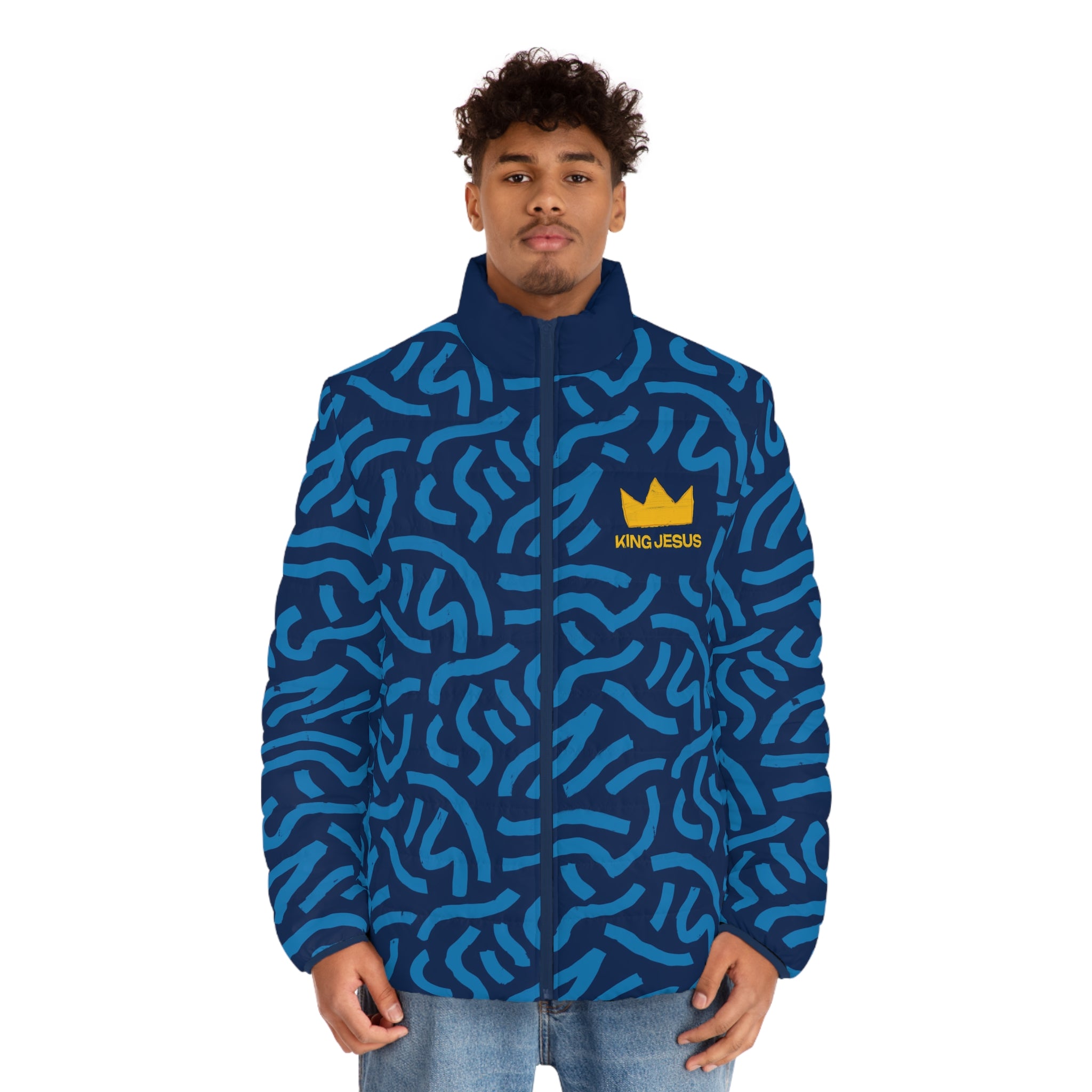 King Jesus Men’s Blue All‑Over Print Puffer Jacket
