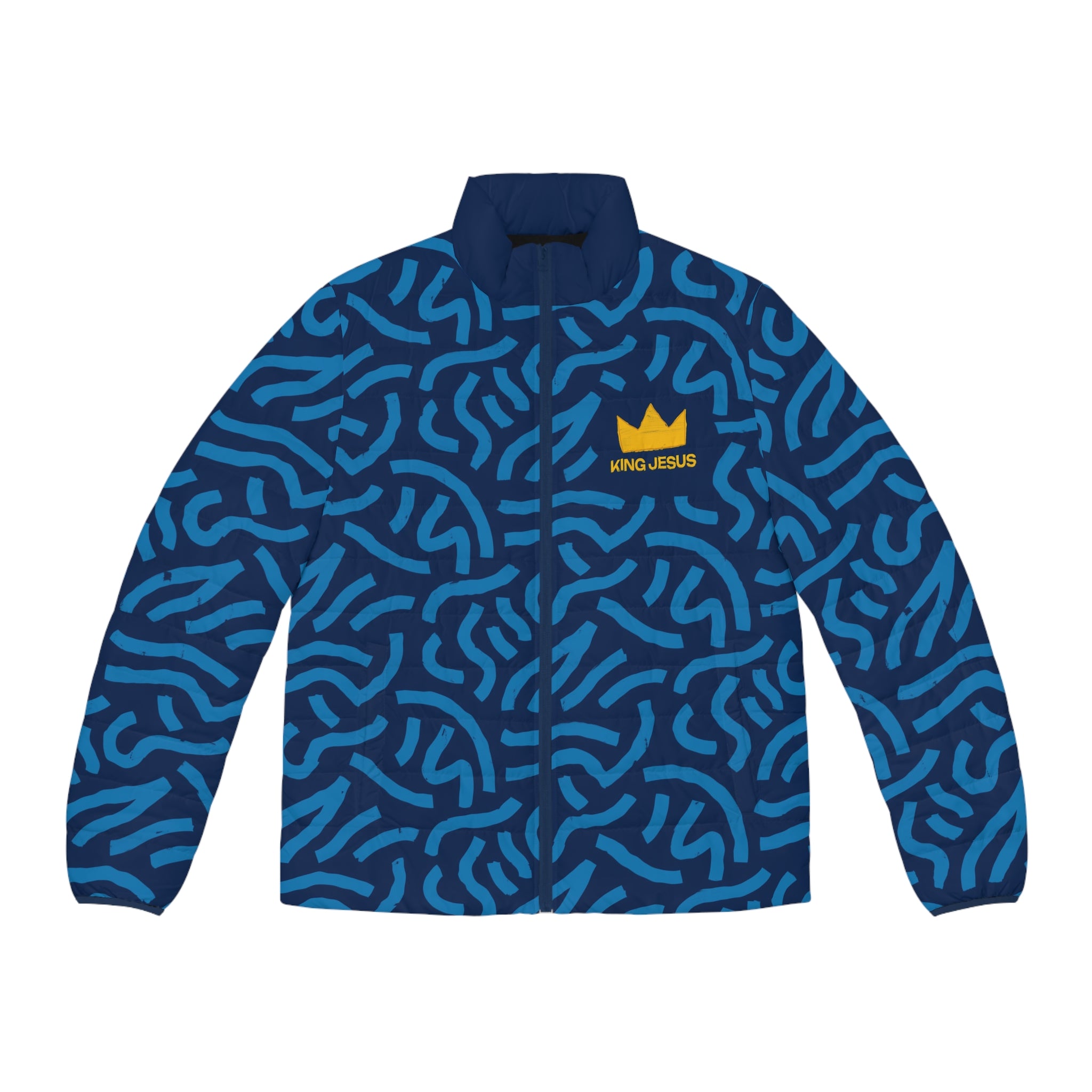 King Jesus Men’s Blue All‑Over Print Puffer Jacket